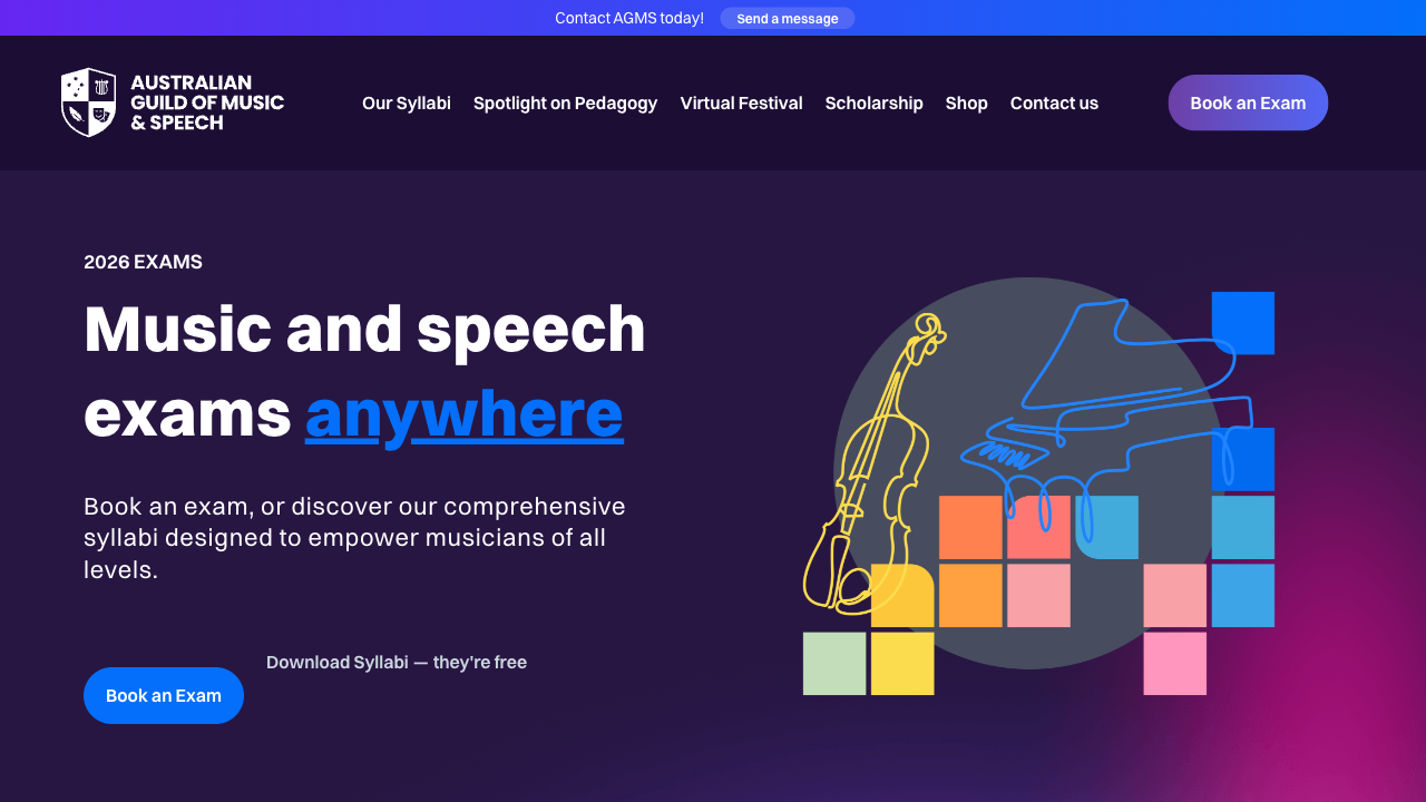 Desktop screenshot of the live AGMS homepage in a browser frame