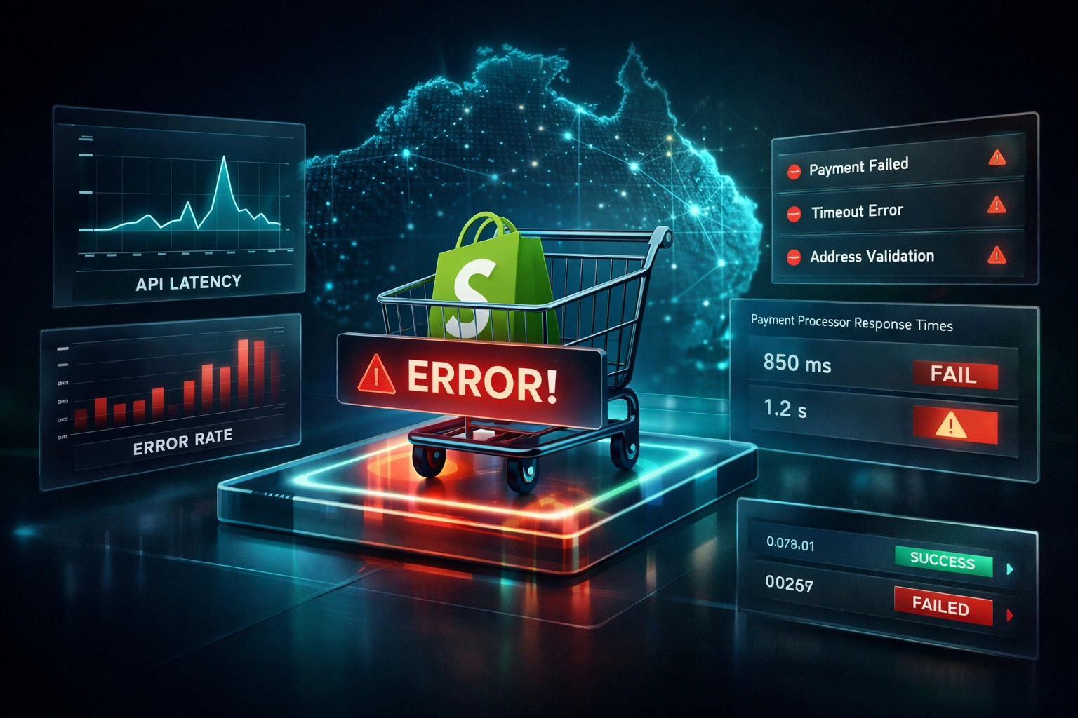 Technical ecommerce diagnostics view showing Shopify checkout analysis, payment failures, and performance traces
